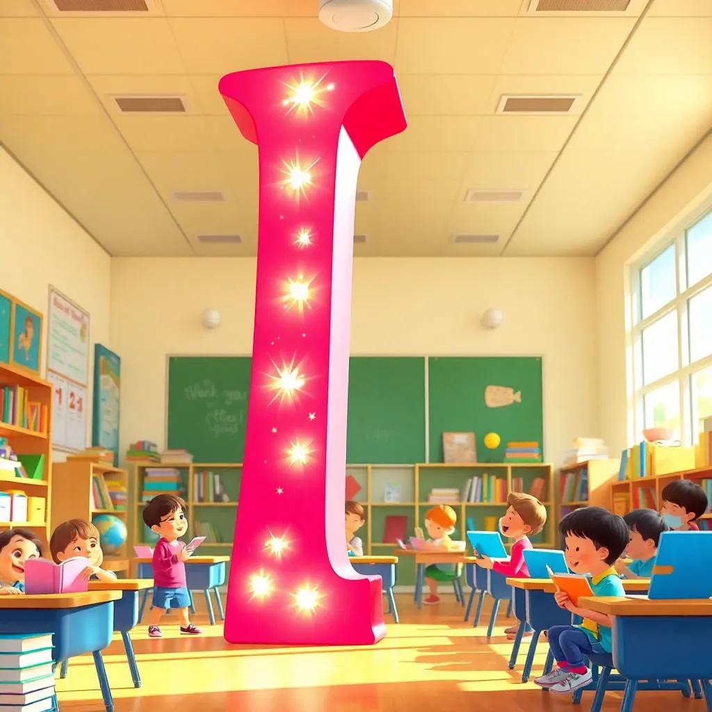 A large, bright letter I, standing tall with sparkles, in a classroom filled with children, books, and laughter, vibrant illustration, inviting and fun, warm light, friendly perspective
