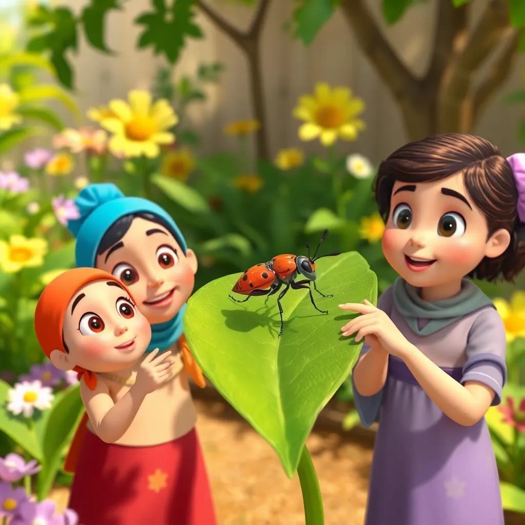 An insect on a green leaf, with Fatma and her friends pointing at it, curious expressions, sunny garden background, vibrant colors, nature-themed, child-friendly art