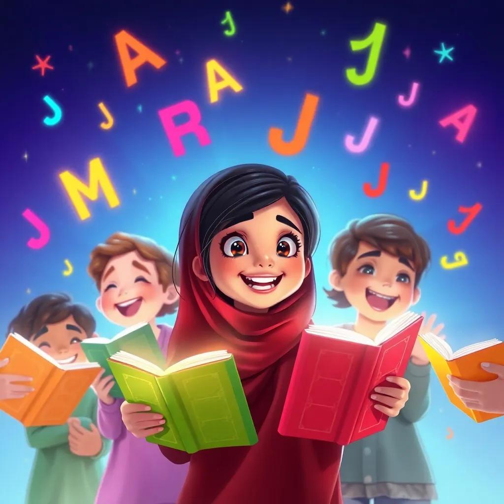 Fatma, a young Arab girl with dark hair, surrounded by her friends, singing together with books, colorful letters dancing around them, joyful atmosphere, glowing light, fantasy illustration
