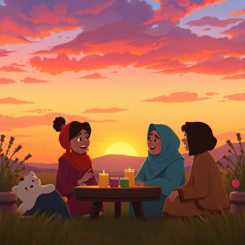 A sunset scene with Fatma and her friends gathered, sharing words and laughter, colorful sky creating a cozy backdrop, inviting and warm, heartwarming illustration