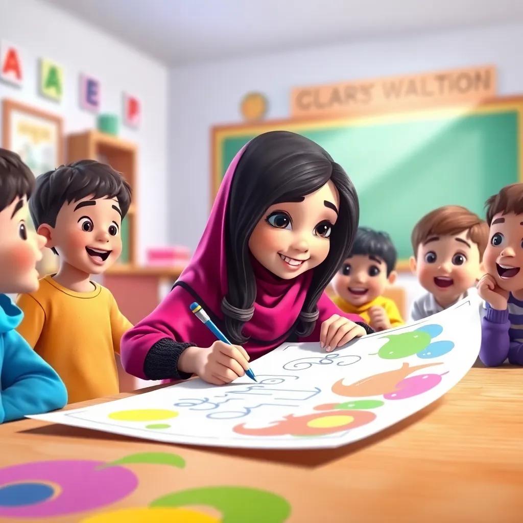 Fatma, a young Arab girl with dark hair, writing on a big colorful sheet, her friends excitedly watching, bright classroom setting, vivid colors, fun learning environment