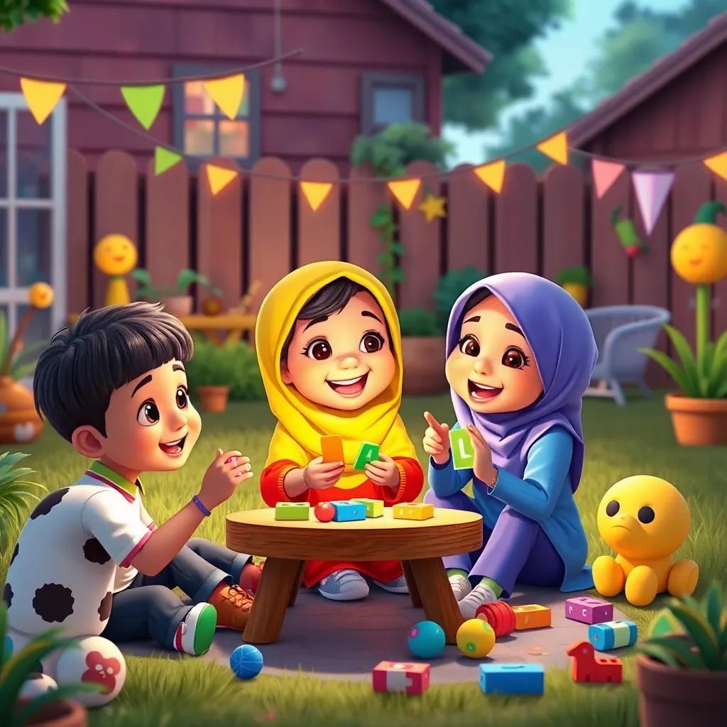 Fatma and her friends playing games, using letters and sounds, a backyard filled with toys and laughter, vibrant colors, joyful atmosphere, child-friendly