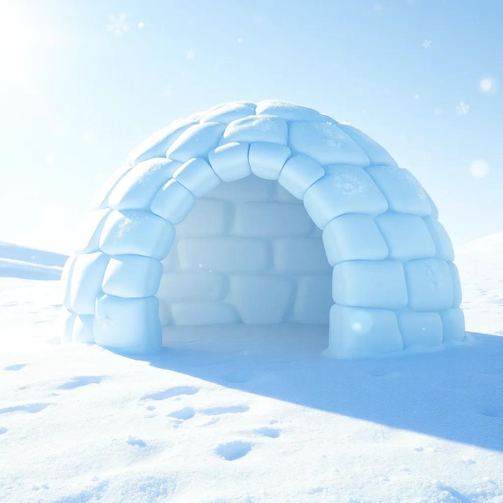 A picture of an igloo, made of white ice, sitting on a snowy background, fluffy snowflakes falling, bright sunshine reflecting, cute, cheerful, high quality