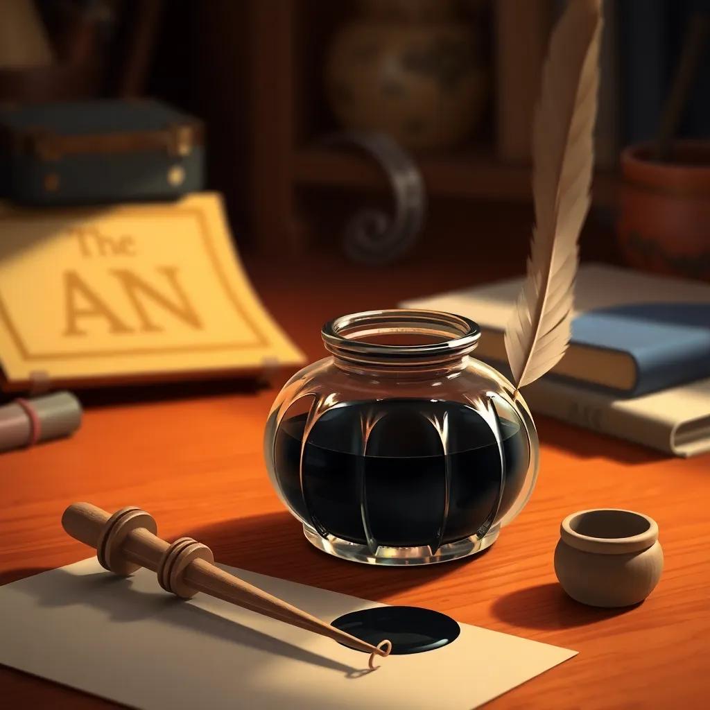 An ink pot, full of black ink, with a quill beside it, sitting on a wooden desk, warm light, coexistence of art and writing, digital painting, appealing
