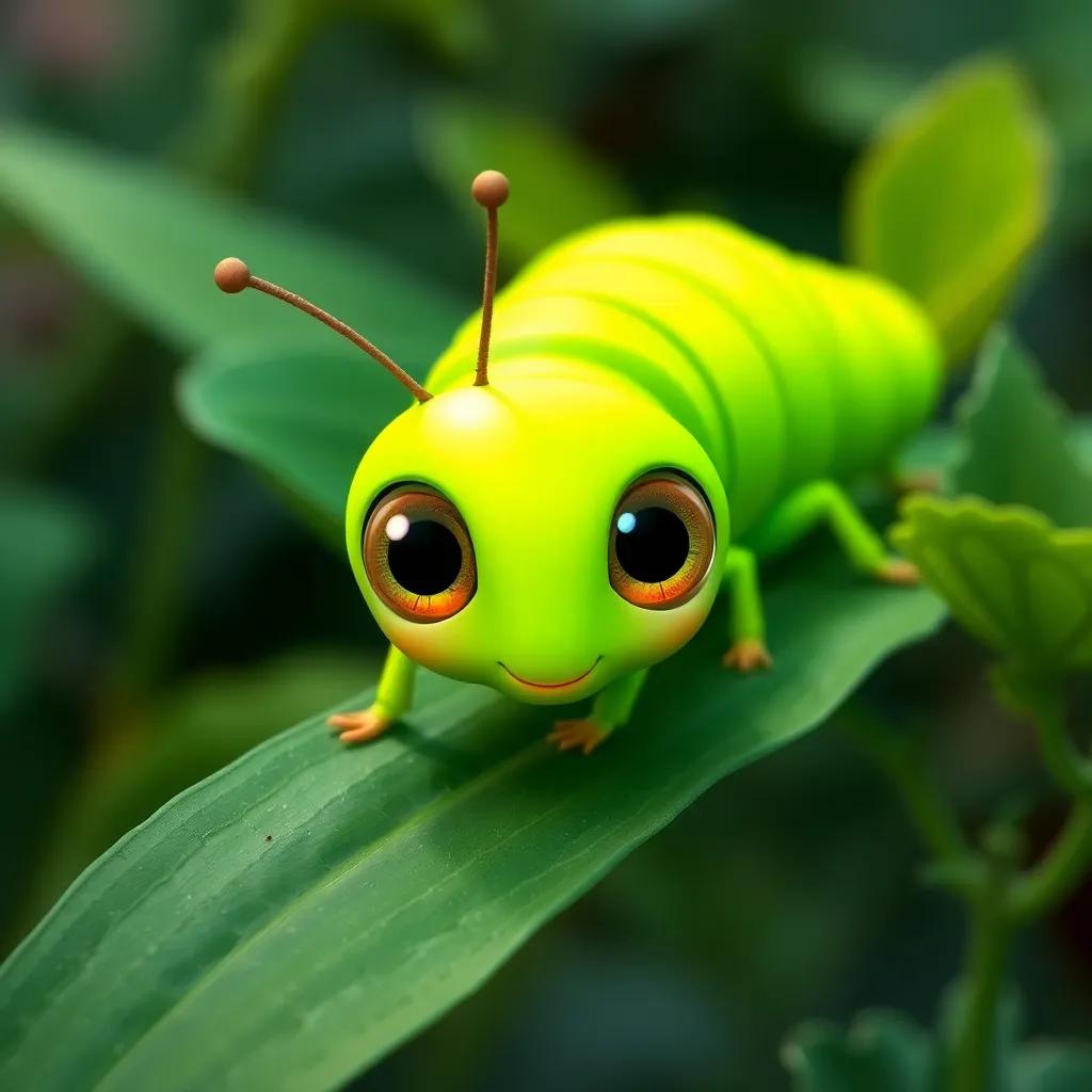 An insect, a bright green caterpillar with big eyes, crawling on a leaf, fresh green surroundings, colorful and lively, realistic, animated