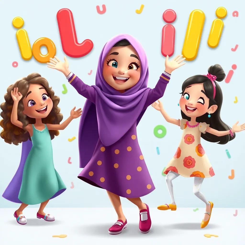 Fatma dancing with her friends, looking joyful and playful, surrounded by letters and pictures of 'i' related items, cheerful, colorful, child-friendly, high quality