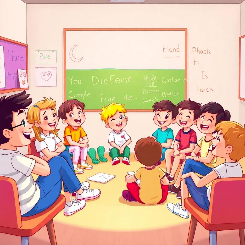 A classroom scene, with kids sitting in a circle, laughing and having fun, with drawings and letters all around, bright colors and smiles, inviting atmosphere, illustration