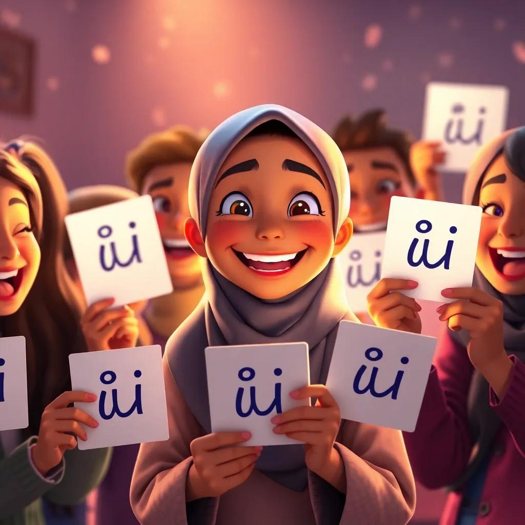 Fatma smiling brightly, with her friends around her, all holding pictures of 'i', excited and happy, warm and joyful light, heartwarming