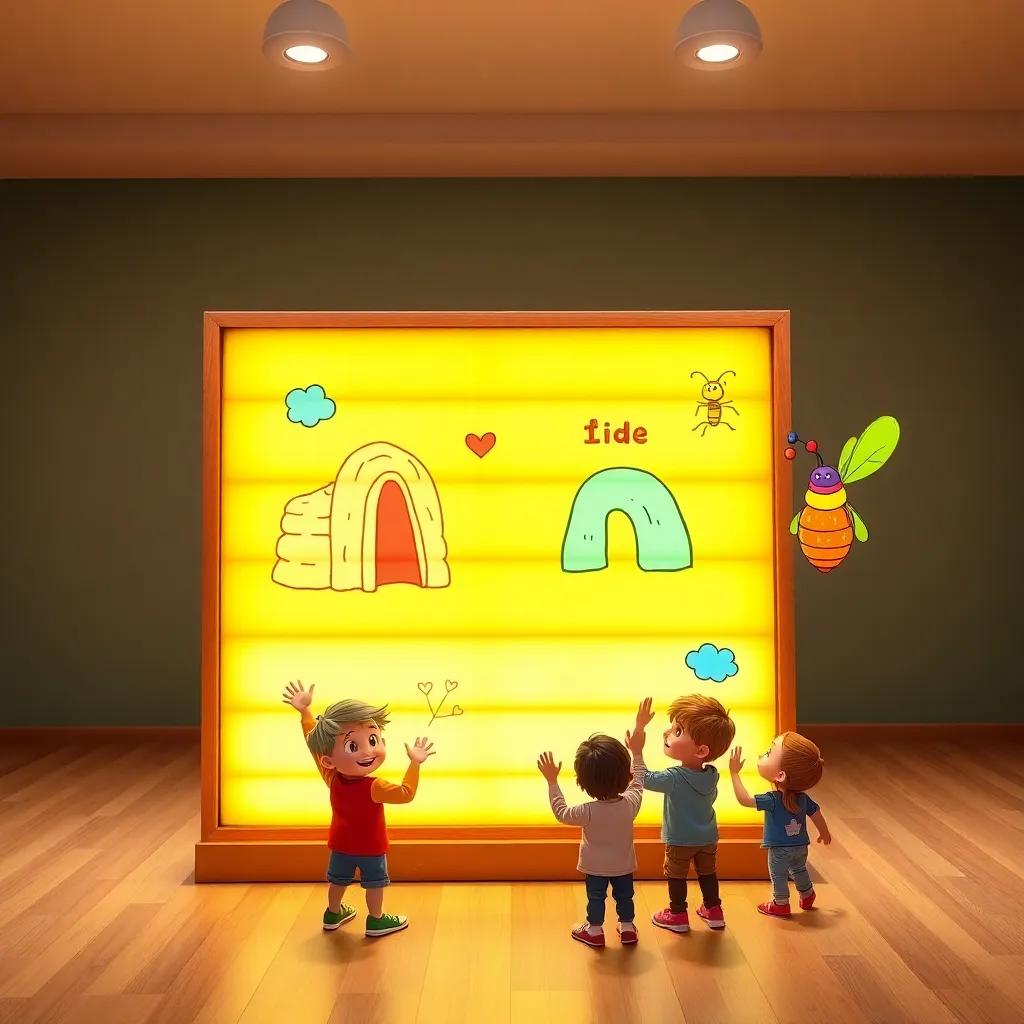 A big colorful letter board displaying 'I', with drawings of igloo, ink, and insect around it, all kids cheering, vibrant colors, fun atmosphere, high quality