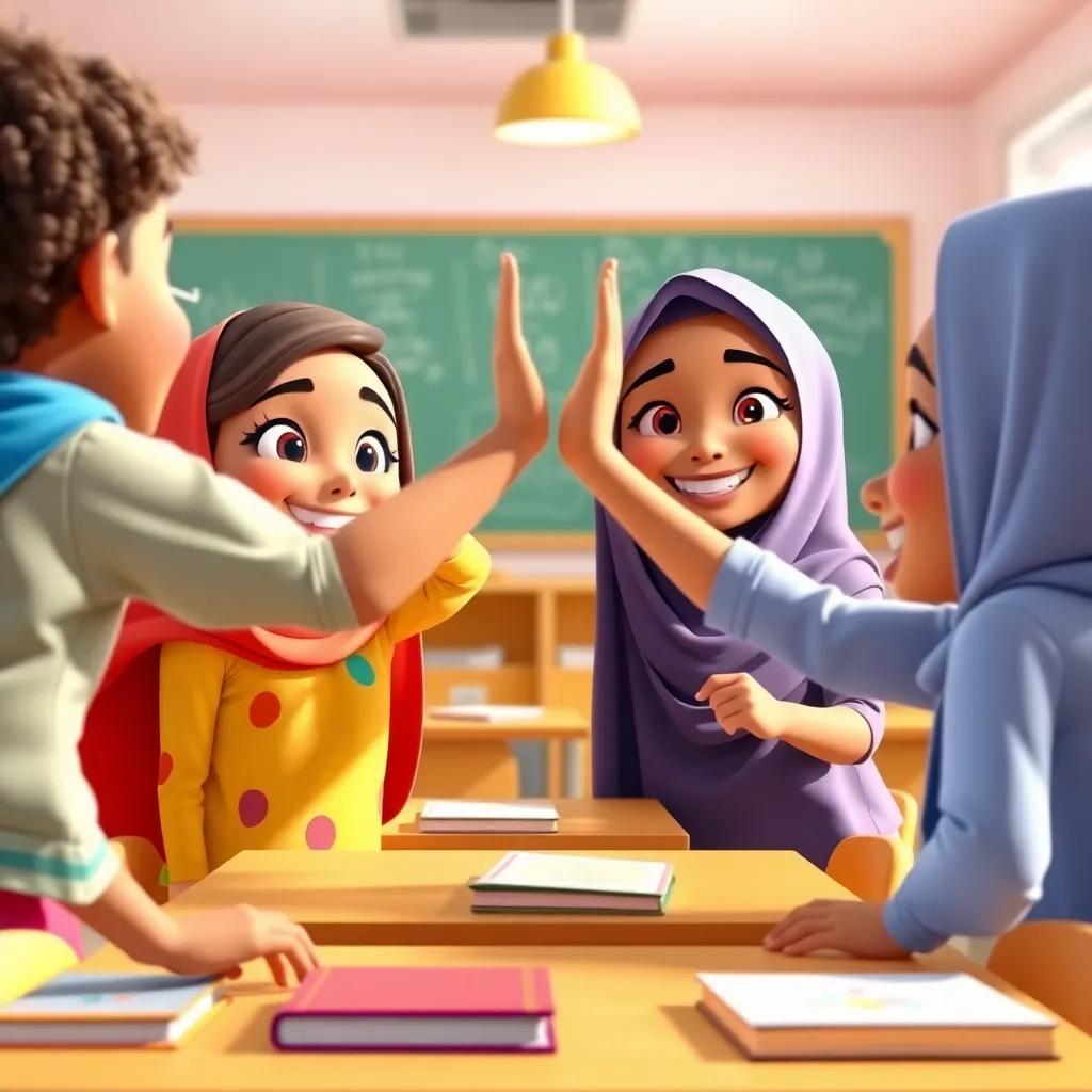 Fatma and her friends, high-fiving each other after learning, in a bright and cheerful classroom, surrounded by positive energy, colorful, joyful, engaging