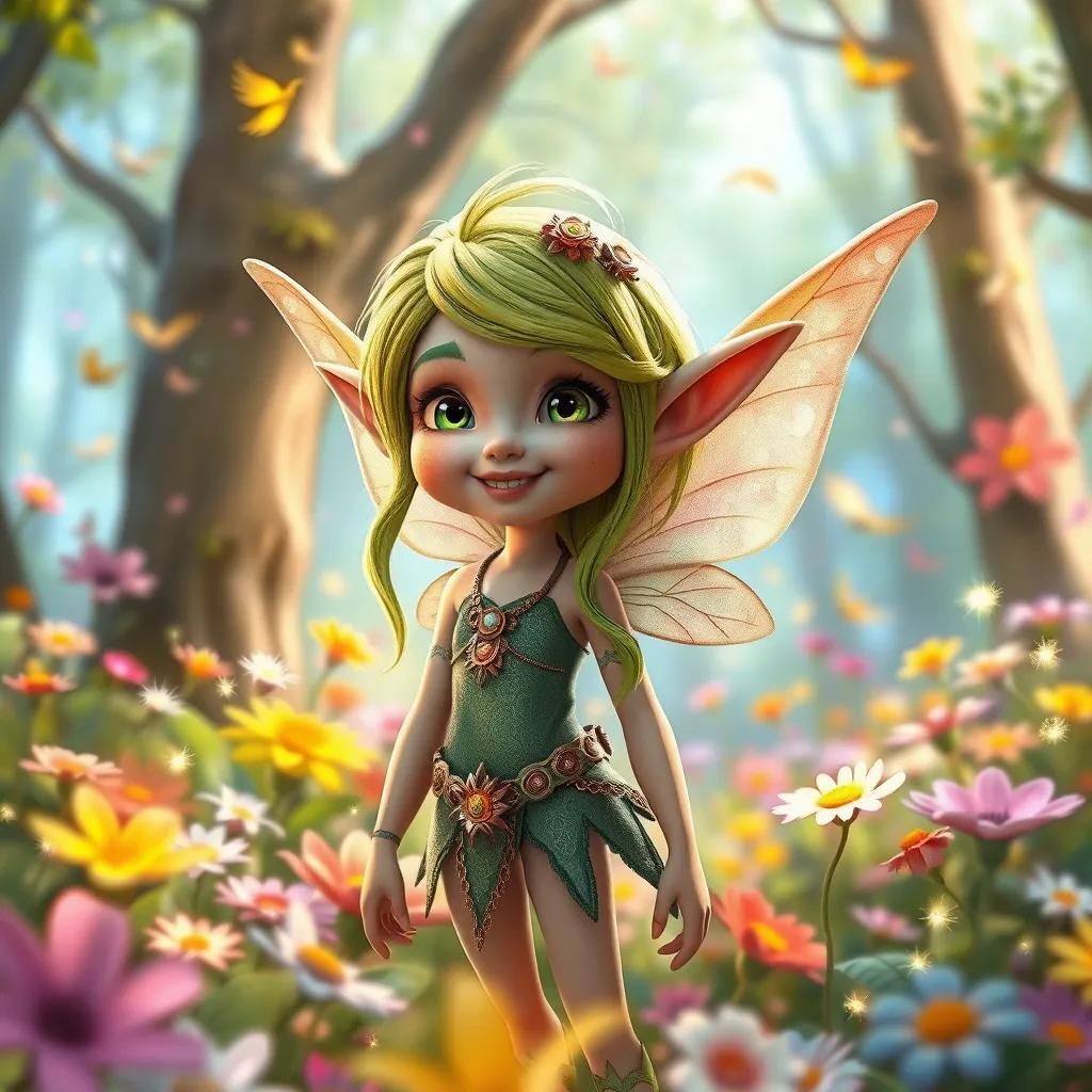 Fauna, a friendly elf with bright green hair and delicate wings, standing in a magical forest filled with sparkling flowers and singing birds, cheerful, colorful, fantasy landscape, bright and inviting atmosphere, detailed, high quality