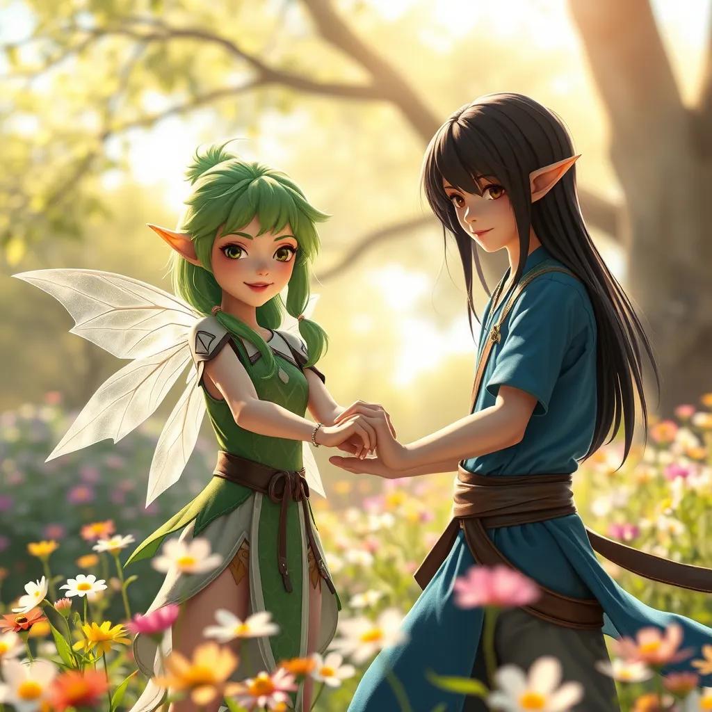 Fauna, a friendly elf with bright green hair and delicate wings, alongside Jin, an elf with straight black hair wearing a blue tunic, practicing their abilities in a sunny glade filled with flowers, friendly competition, warm sunlight, cheerful, bright colors, detailed, high quality