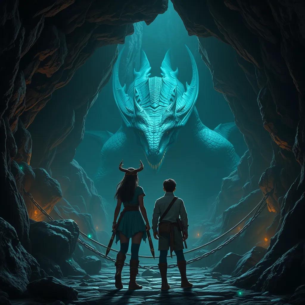 Fauna and Jin, standing determinedly at the entrance of a dark and scary cave where a dragon sleeps, surrounded by shadows and hints of sparkling gems, adventurers ready for a quest, moody lighting, colors of adventure, detailed, high quality