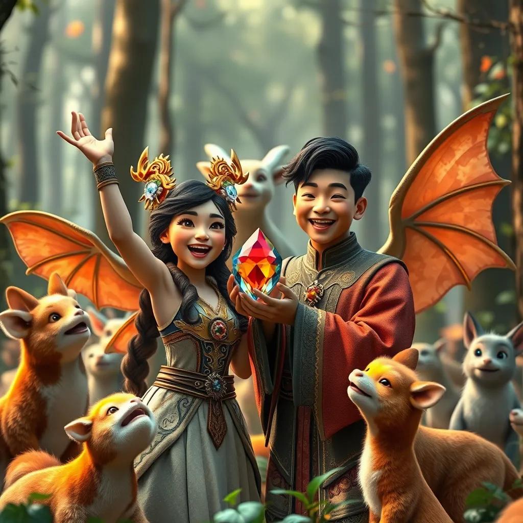 Fauna and Jin cheerfully holding a precious gem given back by the dragon, happy and victorious, surrounded by their friendly forest animals welcoming them back, warm colors, celebrations in the forest, high quality