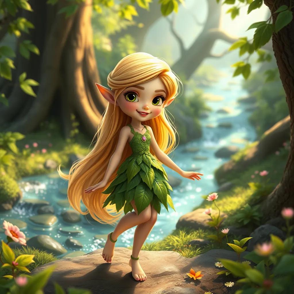 A graceful elf, Fauna, with long golden hair wearing a dress made from leaves and flowers, exploring a shimmering forest with sparkling streams, vibrant colors, magical atmosphere, child-friendly