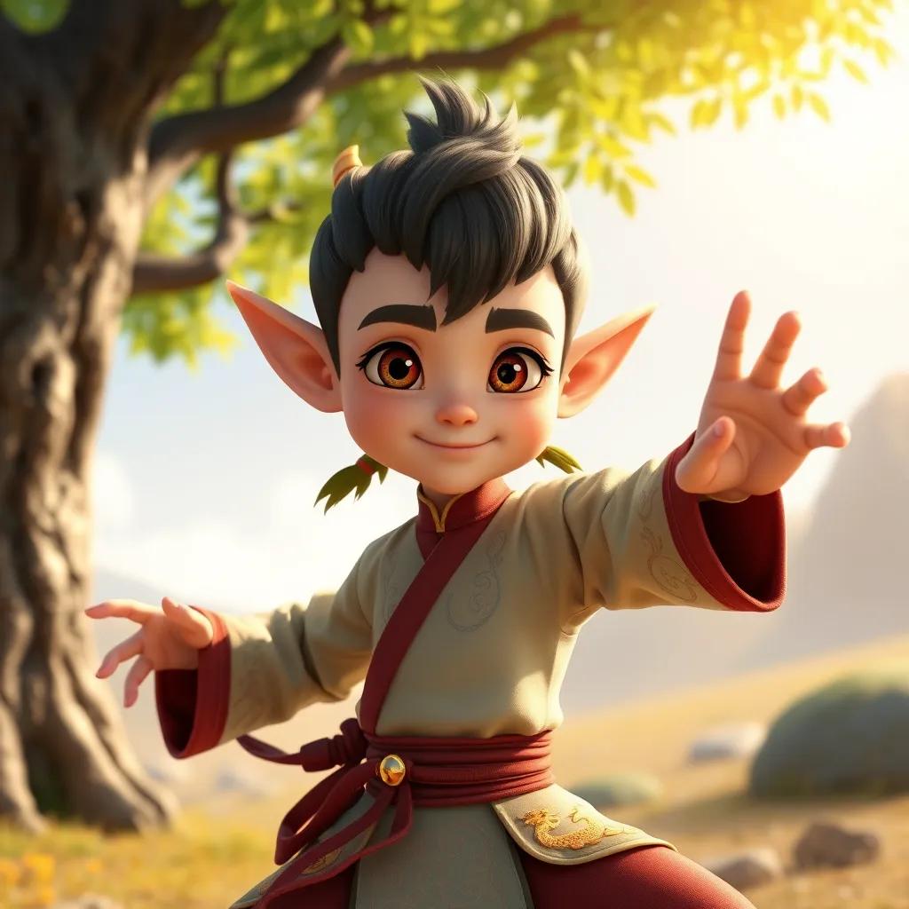A handsome elf, Li, with bright kind eyes wearing traditional Chinese clothes with golden dragons, practicing martial arts under a tree in a sunny clearing, energetic and focused, vivid colors, child-friendly