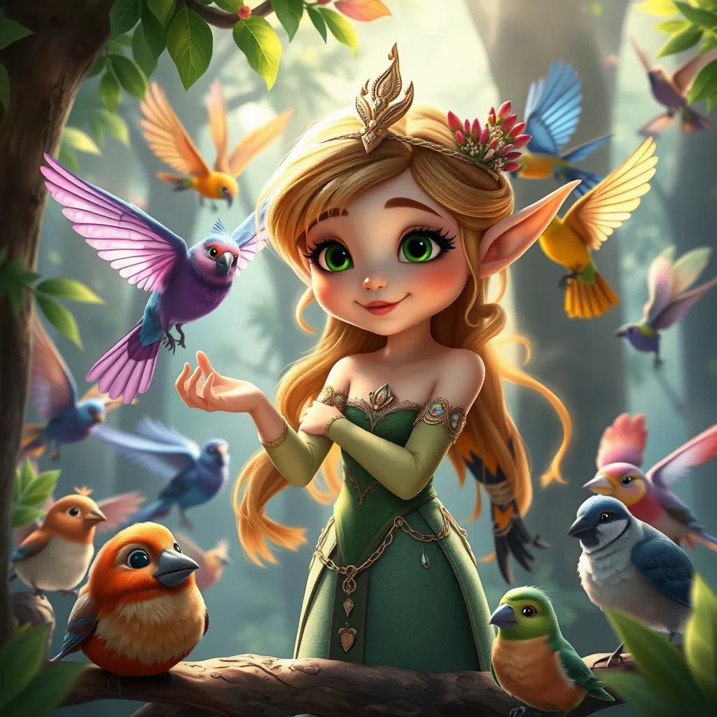Fauna, the graceful elf using her ability to communicate with animals, surrounded by colorful birds in the forest, magical atmosphere, detailed and vivid, child-friendly