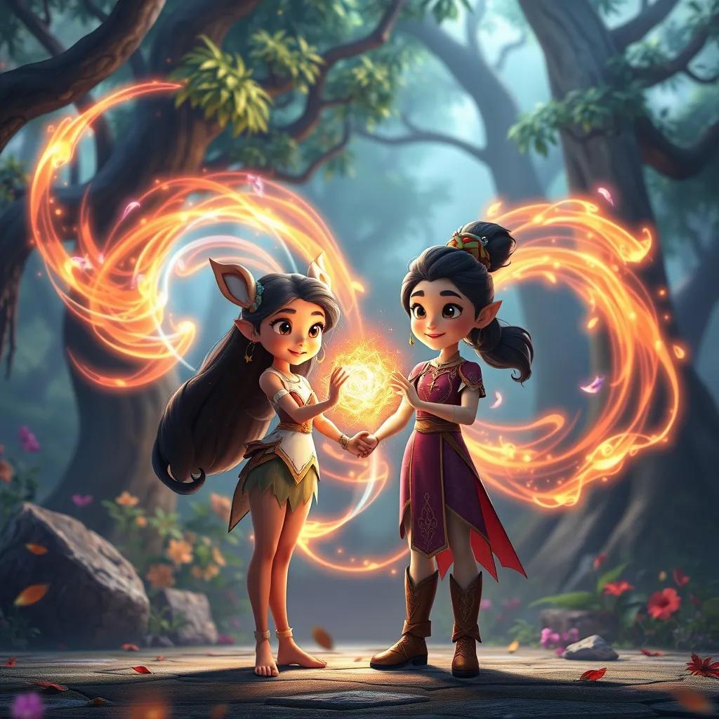 Fauna and Li standing together with a swirl of magical energy around them, preparing to face an evil sorcerer, vibrant magical forest background, heroic imagery, colorful