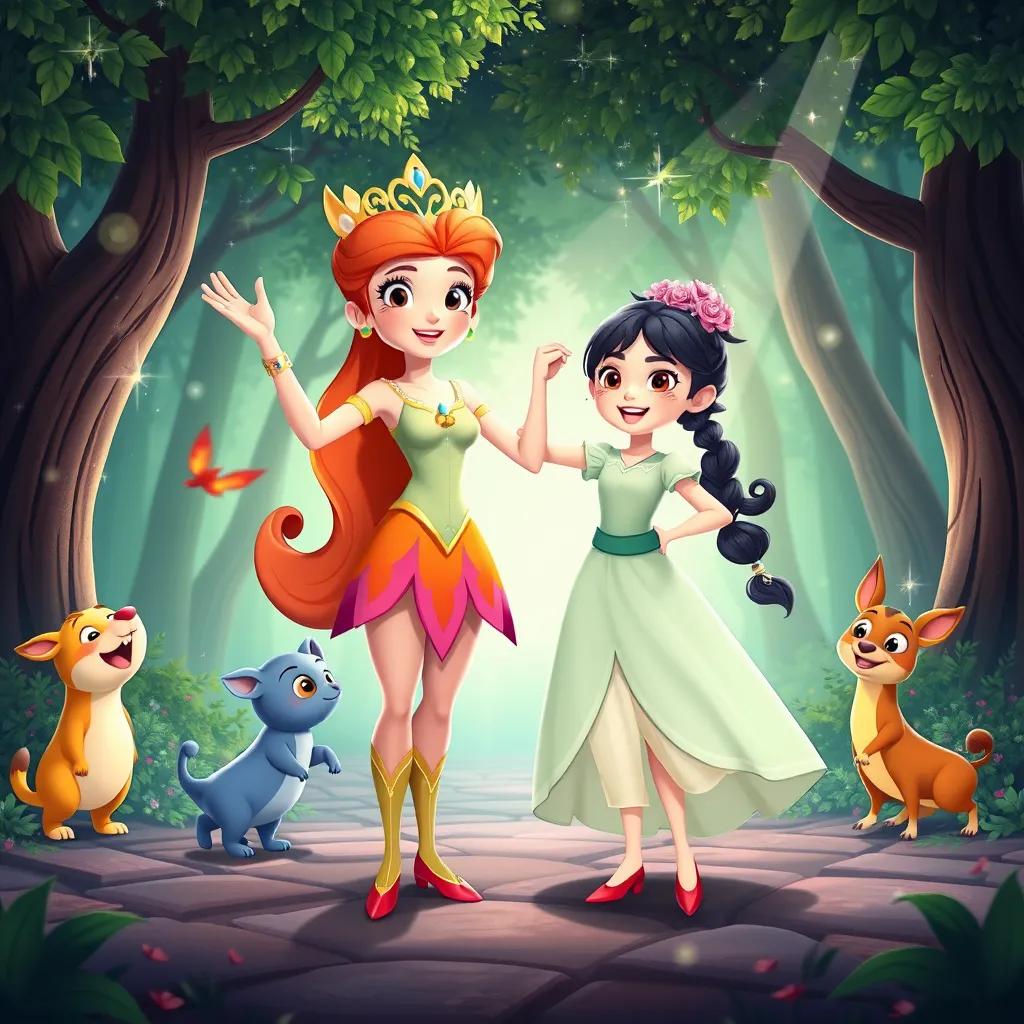 Fauna and Li triumphantly standing together after defeating the sorcerer, with sparkling forest and happy animals around them, bright colors, child-friendly, celebration mood
