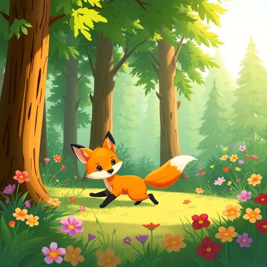 A cute little fox, Felix, with bright orange fur, playing in a lush green forest, surrounded by tall trees and colorful flowers, cheerful and playful, digital art, vibrant colors, warm sunlight, inviting atmosphere, high quality