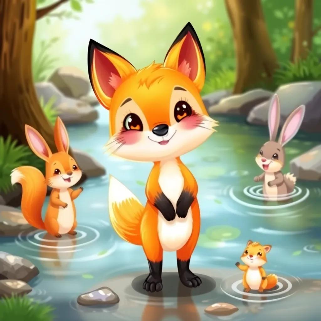 A cute little fox, Felix, with bright orange fur, standing by a sparkling clear stream, with Sally the squirrel and Benny the rabbit splashing in the water, joyful expressions, illustration, lively scene, colorful, bright colors, heartwarming imagery