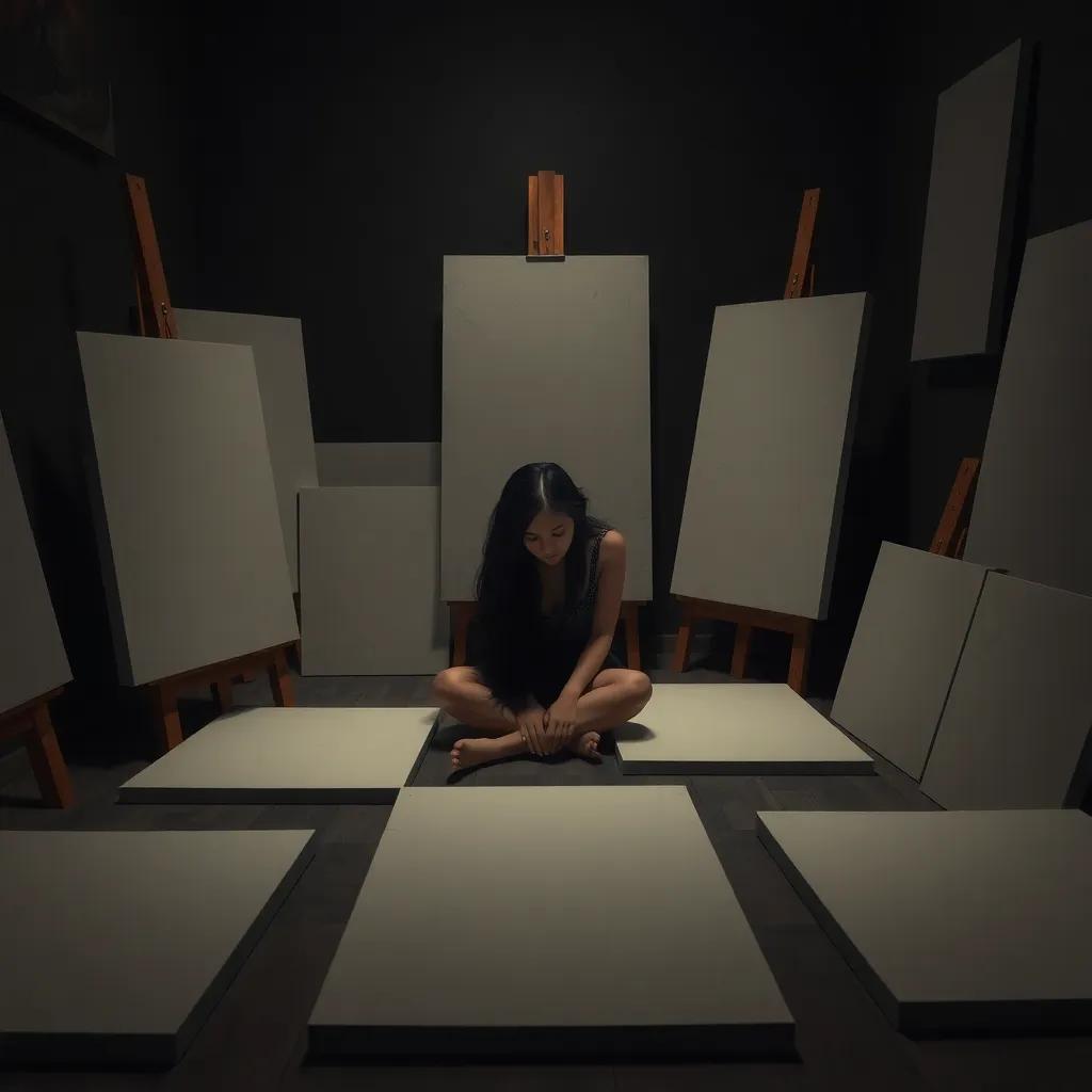 A sad scene of Fethia, a woman with long black hair, sitting alone on the floor surrounded by blank canvases, in a small, dark room, low light, somber colors, emotional depth, high quality