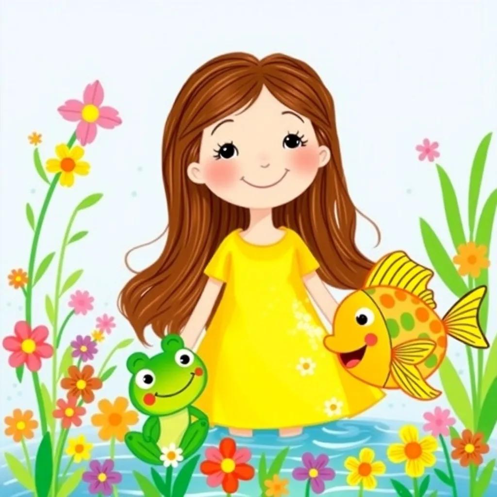 Fina, a cheerful girl with long brown hair in a bright yellow dress, surrounded by a little green frog named Freddy, and a vibrant fish named Finn splashing in the water, colorful flowers around, whimsical-style illustration, sunny day, cheerful