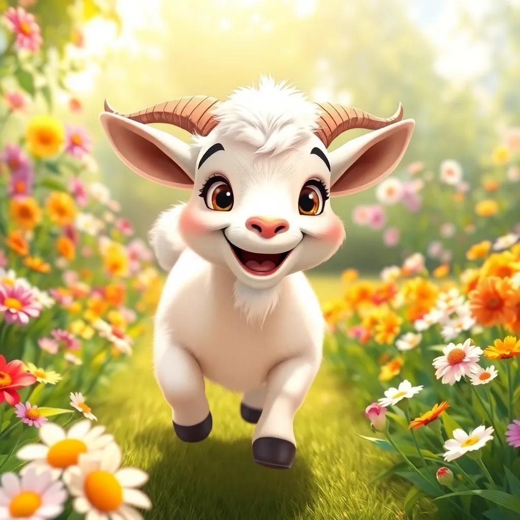 A smiling goat with fluffy white fur, playful eyes, running joyfully towards Fina in a garden full of flowers, bright sunlight shining down, lively colors, detailed illustration, cheerful scene, high quality