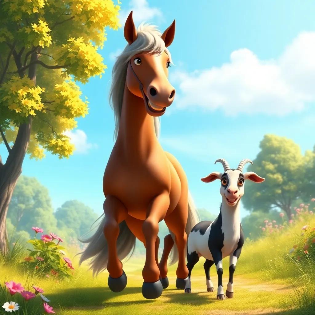 A tall horse with a shimmering mane, trotting happily towards Fina and the goat, trees and flowers in the background, bright day, friendly atmosphere, vivid colors, digital painting, quality artwork, child-friendly