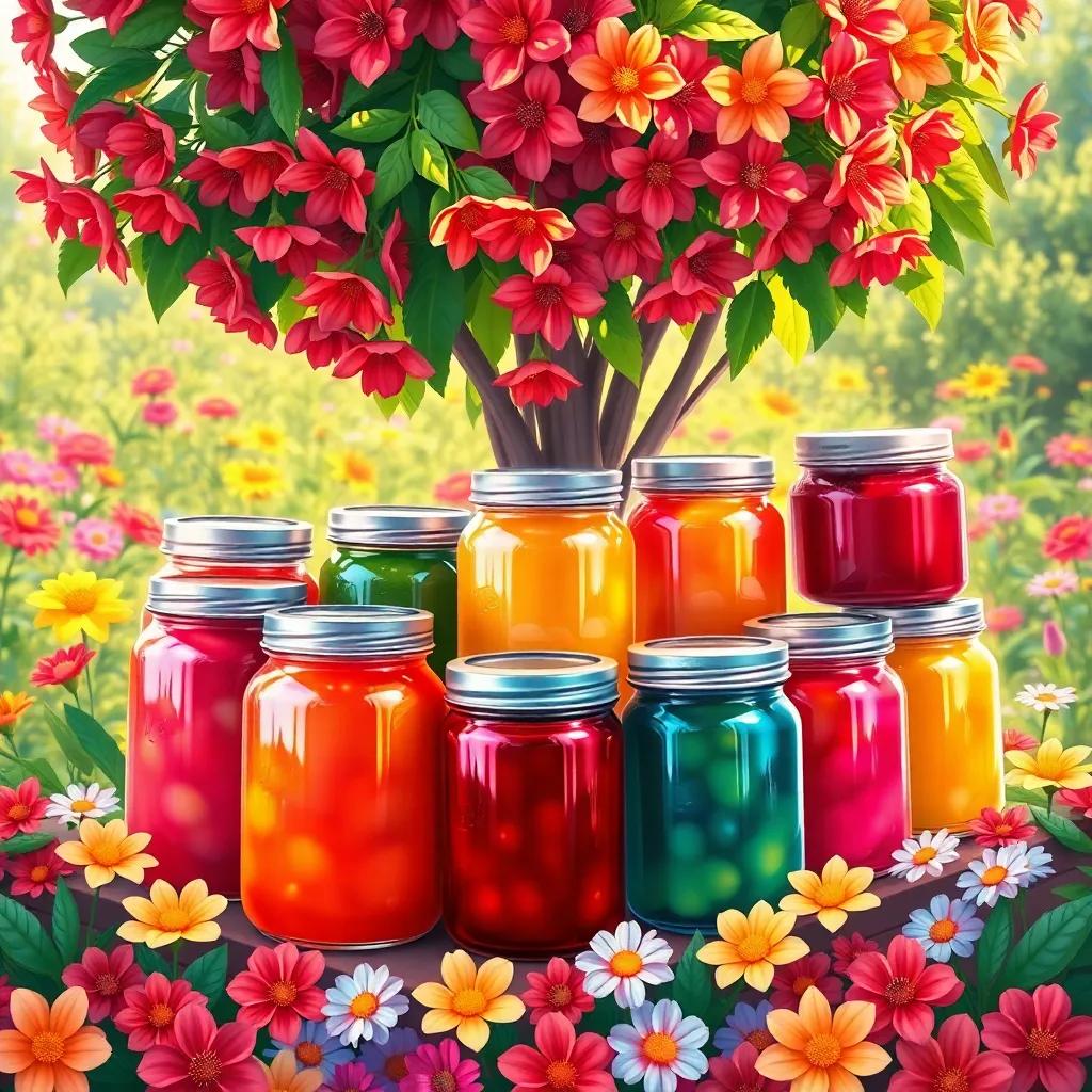 A collection of shiny jars filled with various jams and juices, placed under a bush in a sunny garden, colorful and inviting display, bright flowers surrounding the jars, cheerful scene, vivid colors, high quality illustration