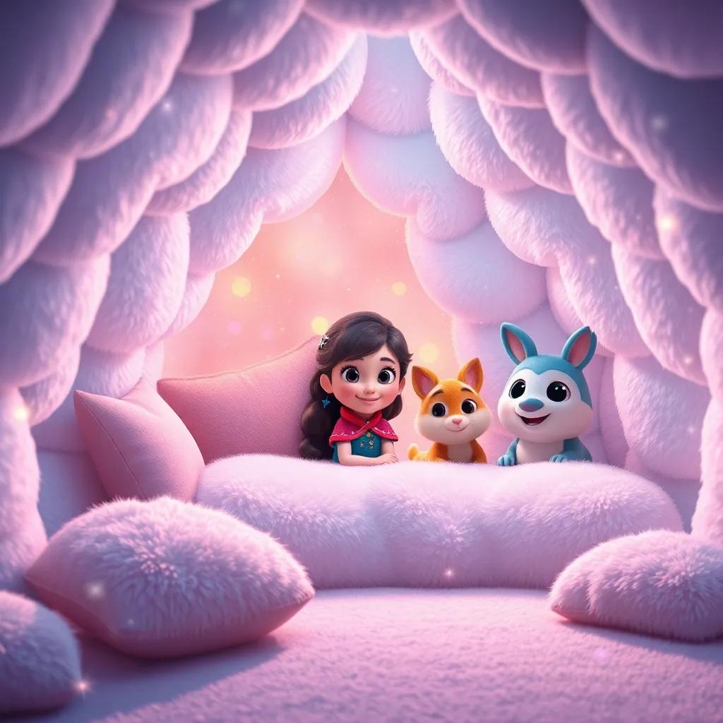 A sparkling igloo with fluffy cushions and colorful lights inside, with Fina and her animal friends peeking in, warm and cozy atmosphere, inviting and cheerful, digital art, detailed and colorful, high quality