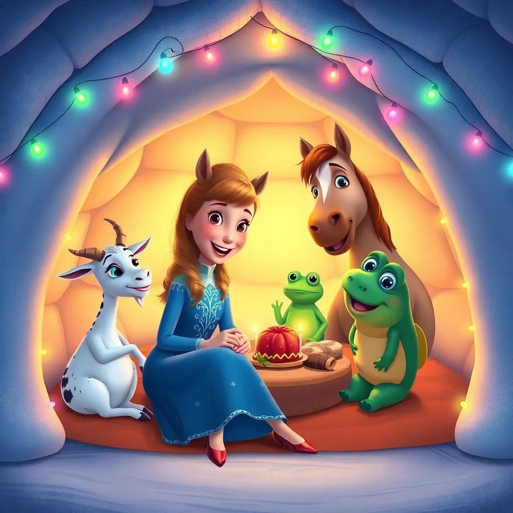 Fina sitting with her friends, a goat, a horse, a frog, and a fish, all sharing a picnic inside a cozy igloo, surrounded by colorful lights, smiling faces and laughter, warm light inside the igloo, child-friendly, cheerful, high quality