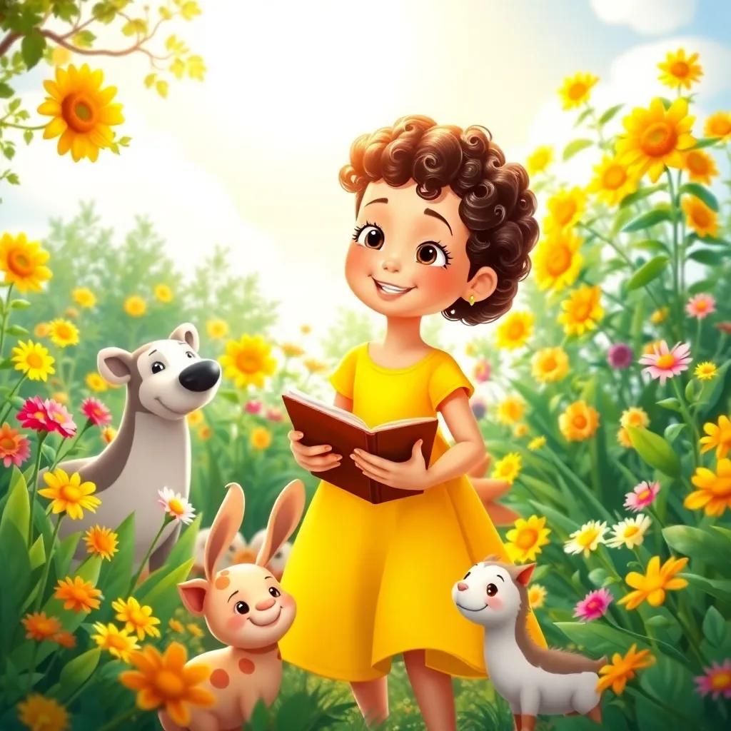 Fina, a girl with curly hair and a yellow dress, surrounded by her friends in a warm sunlit garden, all sharing stories and laughter, colorful flowers and playful animals, vibrant scene, child-friendly, cheerful atmosphere, high quality