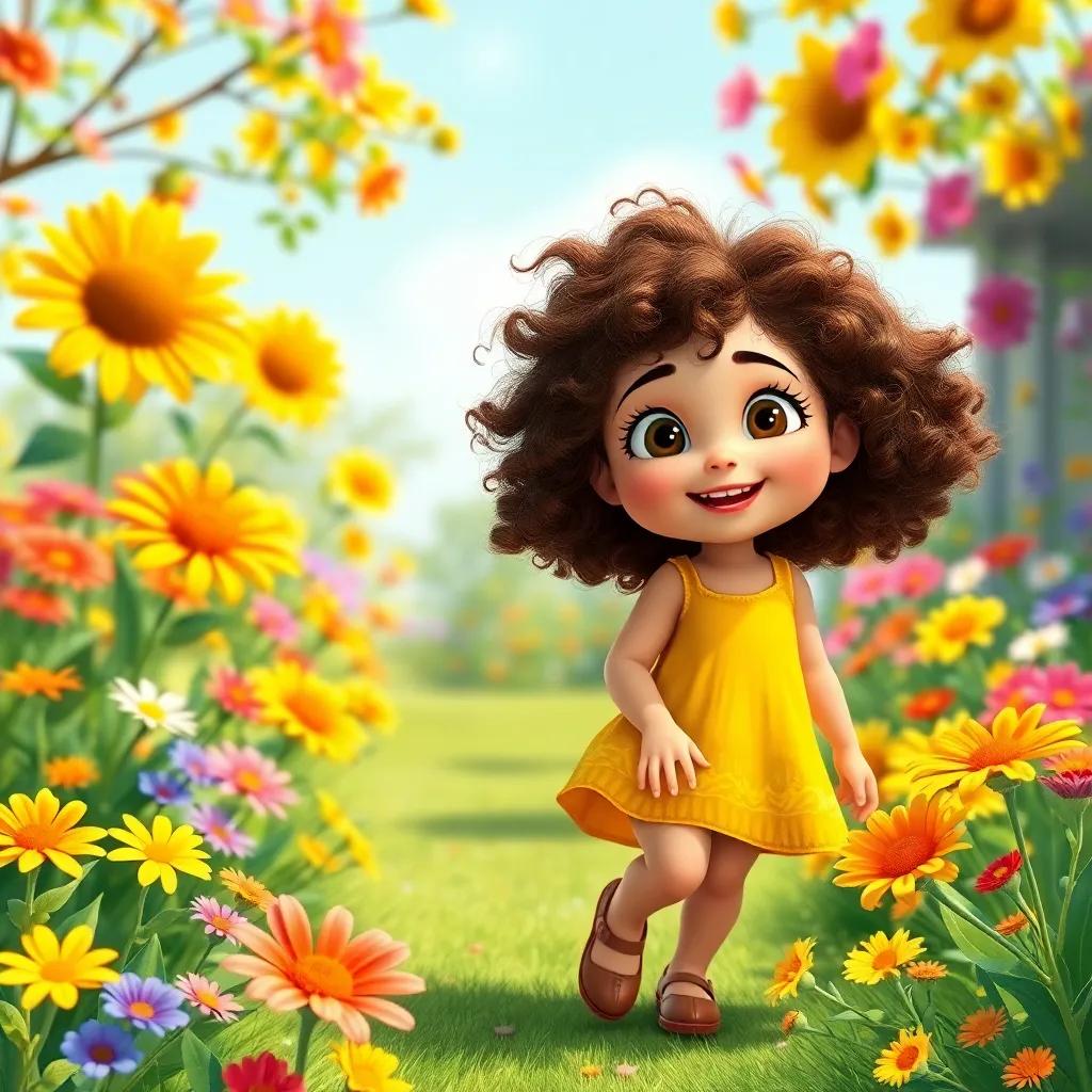 A cheerful girl, Fina, with curly brown hair, wearing a bright yellow dress, playing in a sunny garden with colorful flowers all around, digital art, vibrant colors, joyful atmosphere, high quality