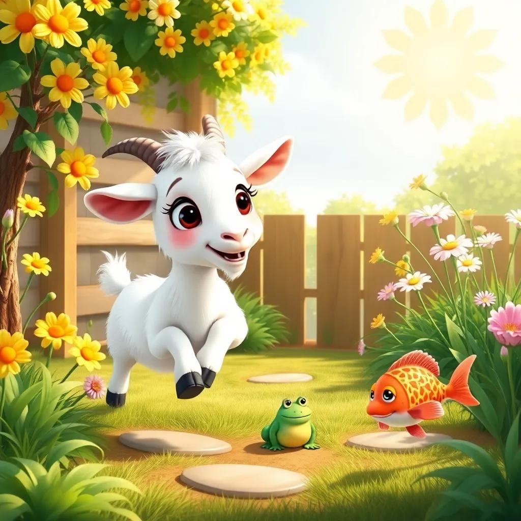 A friendly goat with white fur and big eyes, hopping into a sunny garden to join Fina, while a frog and a fish play nearby under the flowers, illustration, cheerful, lively scene, child-friendly