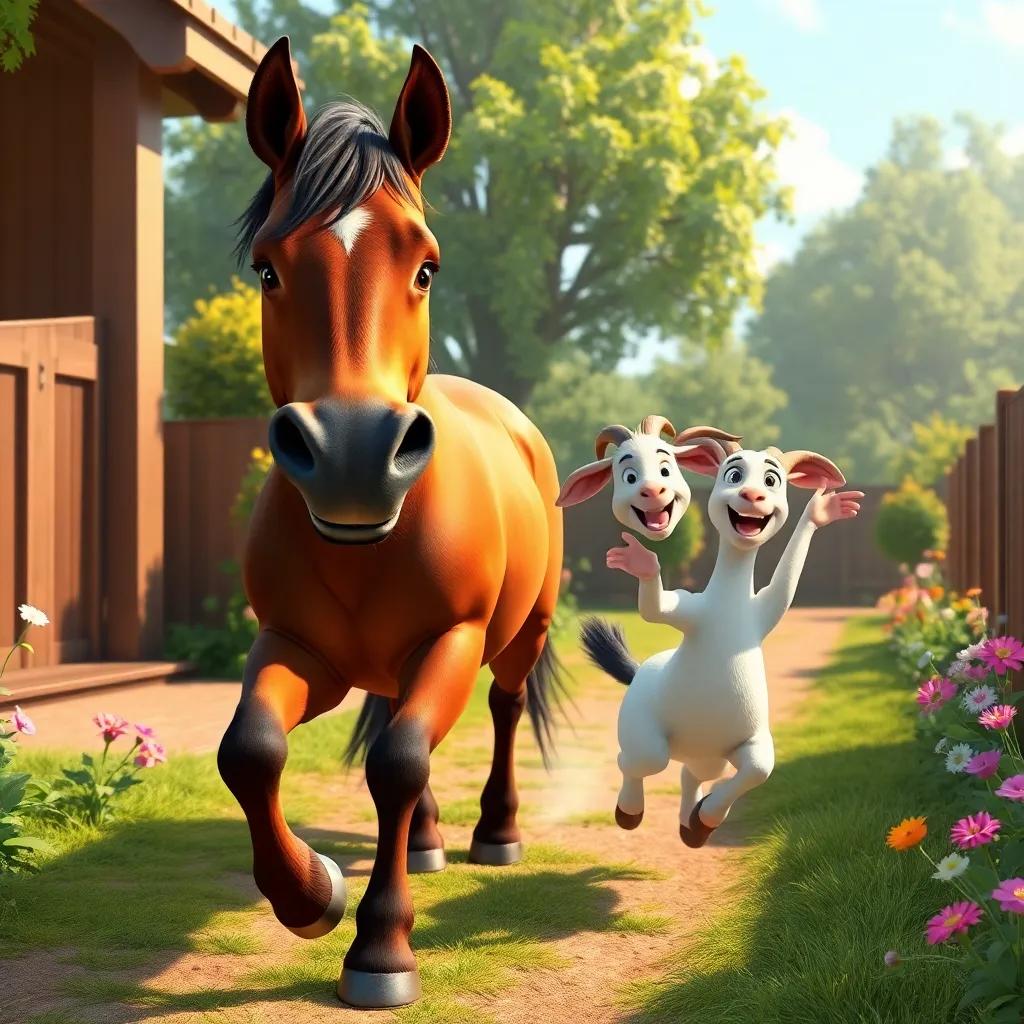 A strong horse with a shiny brown coat, trotting into the garden with a friendly expression, as Fina waves and the goat jumps excitedly, bright colors, happy energy, storytelling perspective, high quality