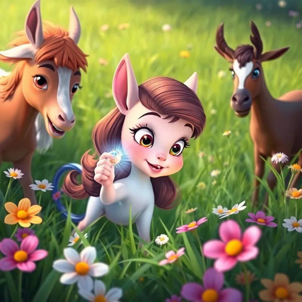 Fina discovering a shiny object in the grass, looking curious as she holds it up, while the goat and horse watch, surrounded by flowers with beautiful colors, dynamic and engaging angle, detailed, child-friendly
