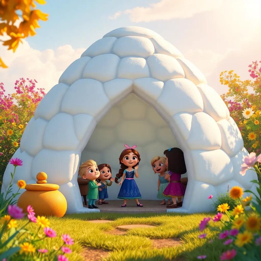 A magical igloo in a sunny garden filled with laughter, with Fina and her friends peeking inside, bright colors, warm light, adventure-filled scene, inviting and cheerful, high quality
