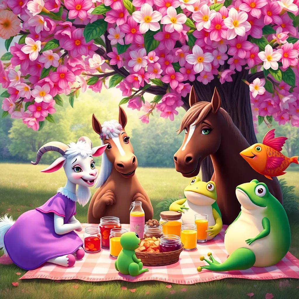 A group of friends, Fina, a goat, a horse, a frog, and a fish, having a picnic under a big flower tree with jars of jam and juice, joyful atmosphere, vibrant colors, happily sharing food, artistic and engaging, high quality