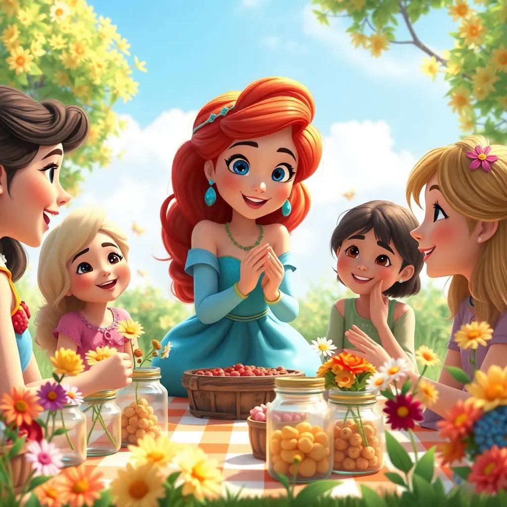 Fina announcing the beauty of friendship to her friends gathered around the picnic, with flowers and jars around them, heartwarming scene, colorful, inviting, uplifting, digital art, detail-rich
