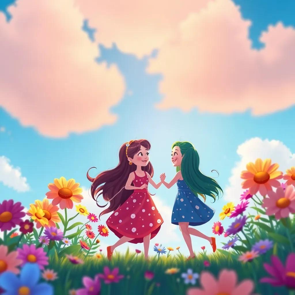 The friends playing and dancing together under the blue sky, with vibrant flowers all around, celebrating their unique friendship, joyful colors, cheerful scene, capturing the magic and fun, high quality