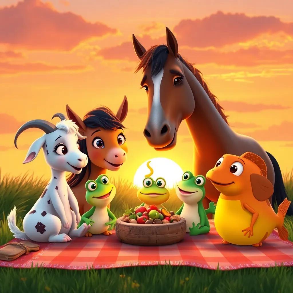 Fina, the goat, the horse, the frog, and the fish at their picnic as the sun sets, casting a warm glow on their smiling faces, a beautiful, heartwarming end to a day of fun, sunset colors, delightfully whimsical, high quality