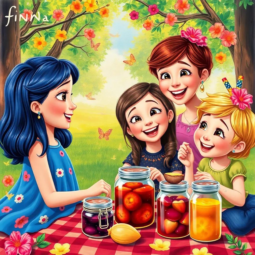 A collage painting of Fina and her friends' colorful day, including scenes of play, laughter, and their magical picnic with jars of jam and juice, vibrant and joyful expressions, high quality