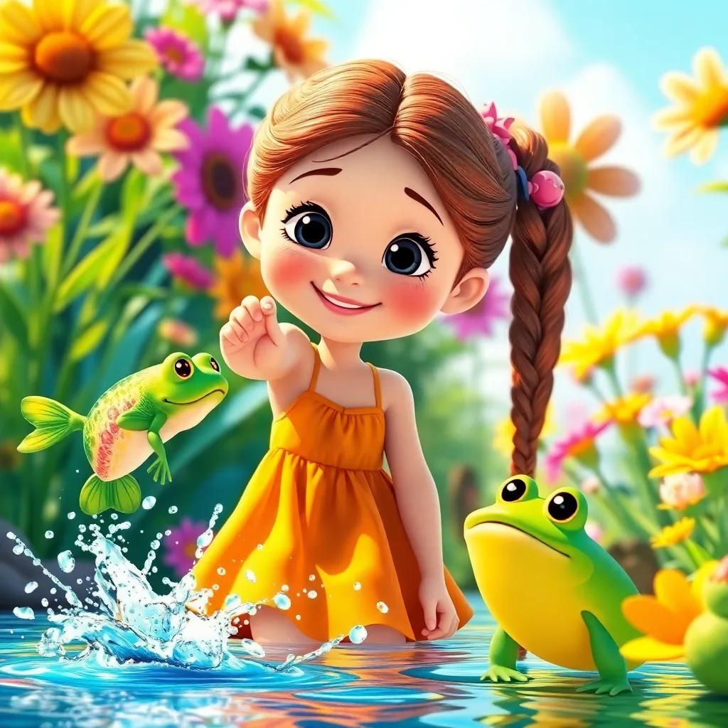 A cheerful girl named Fina, with long braided hair, wearing a bright summer dress, playing with a jumping green frog and a splashing fish near colorful flowers, digital art, vibrant colors, sunny atmosphere, engaging perspective, high quality