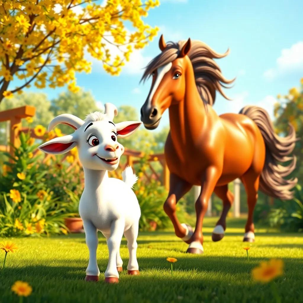 A friendly goat named Gigi, with white fur and a big smile, approaching Fina in a sunny garden, while a majestic horse named Max, with a shiny coat and flowing mane, trots into view, lively, warm colors, cheerful and inviting, high quality