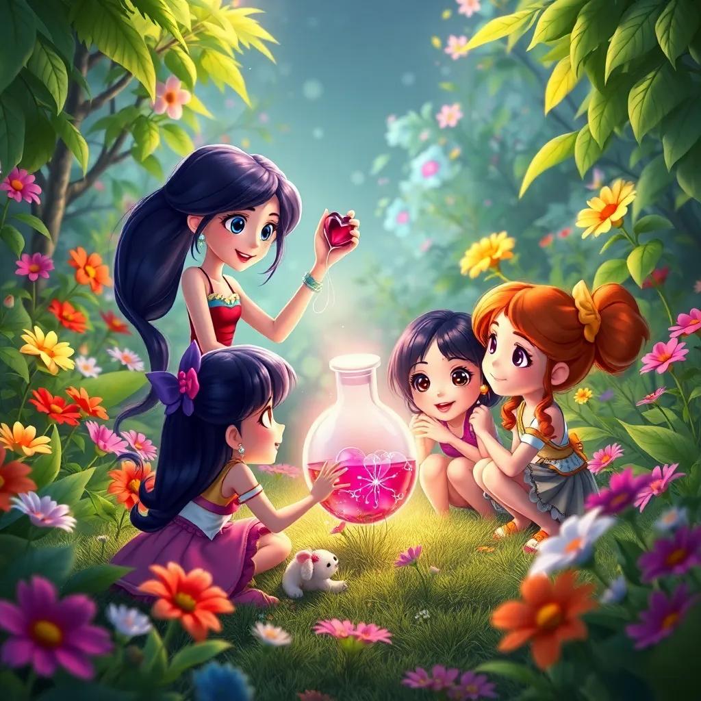 An enchanting scene with Fina and her friends discovering a shiny ink bottle in a lush garden, surrounded by colorful flowers and greenery, highlighting their excitement and curiosity, detailed illustration, colorful view, beautiful light, high quality
