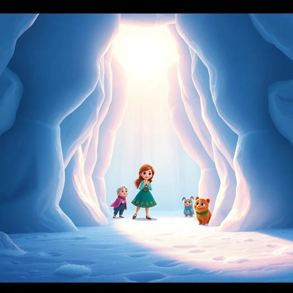 An igloo made of ice, sparkling in the sun, with Fina and her friends peeking inside, revealing a cool interior, with sunlight reflecting off the ice, magic, whimsical, bright colors, high quality