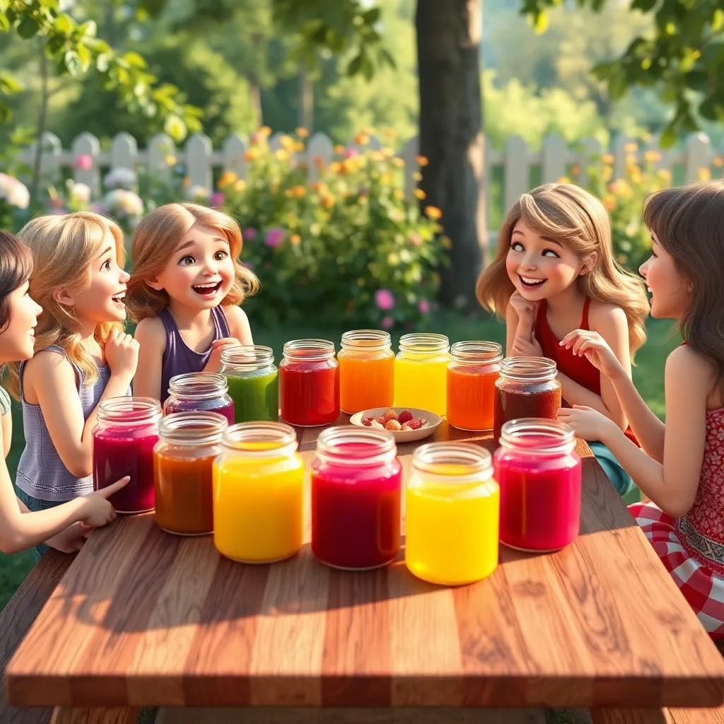 A picnic table in a garden filled with ten jars of jam and juice, each jar bursting with colors, as Fina and her friends gather around, laughing and enjoying snacks, joyful setting, colorful, afternoon light, high quality