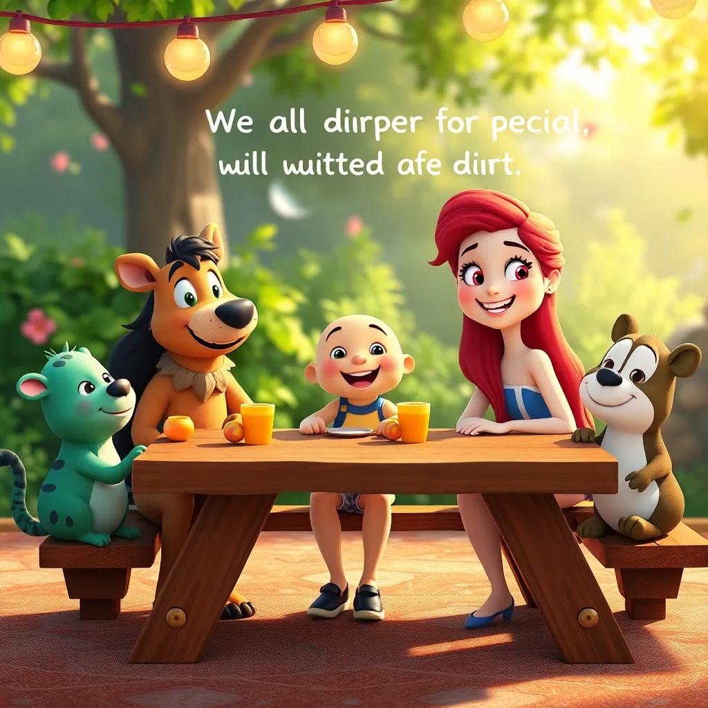 Fina and her animal friends, sitting at the picnic table, cheerfully agreeing that they are all different and special, with smiles and joyful expressions, warm atmosphere, heartfelt, vibrant colors, high quality