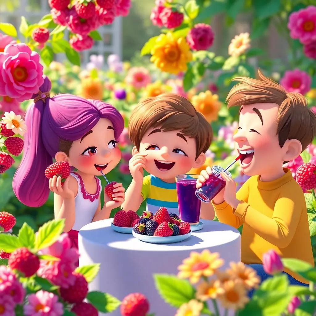 Fina enjoying strawberry jam, Gigi tasting blueberry juice, and Max savoring raspberry jam, amidst laughter, in a beautiful garden, colorful scene, lively, cheerful mood, high quality